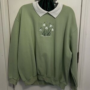Vintage Floral Embroidered Collared Sweatshirt Cottagecore